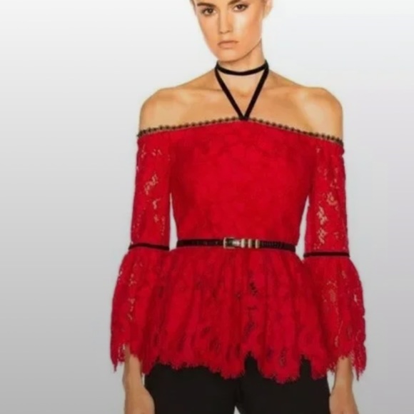 Alexis Red Lace Grace Whimsigoth Halter Blouse with Bell Sleeves - Picture 2 of 8
